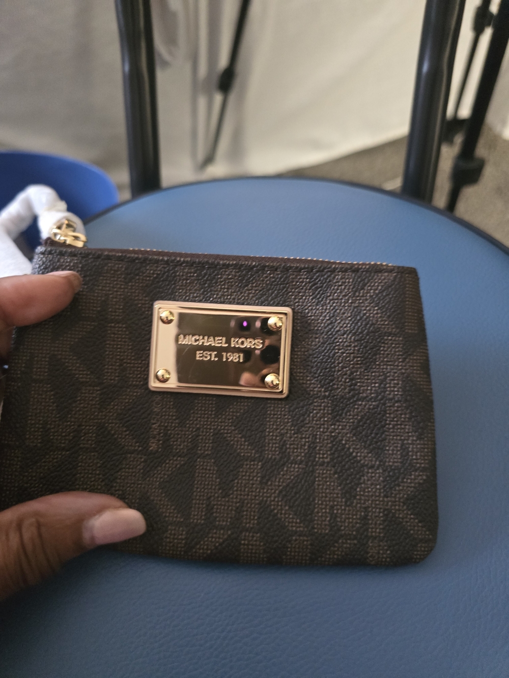 Michael Kors Brown Monogram Coin Pouch with Gold Plaque